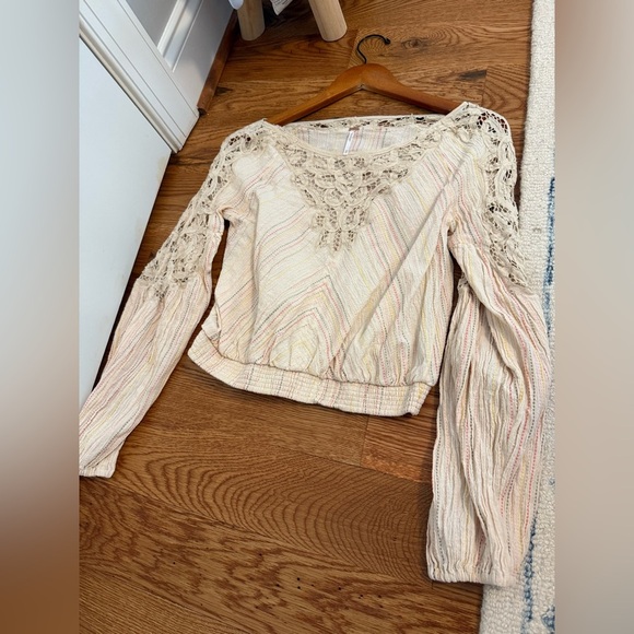 Free People Womens Cotton Crochet Floating Memories Stripes Top Sz XS - Picture 5 of 9